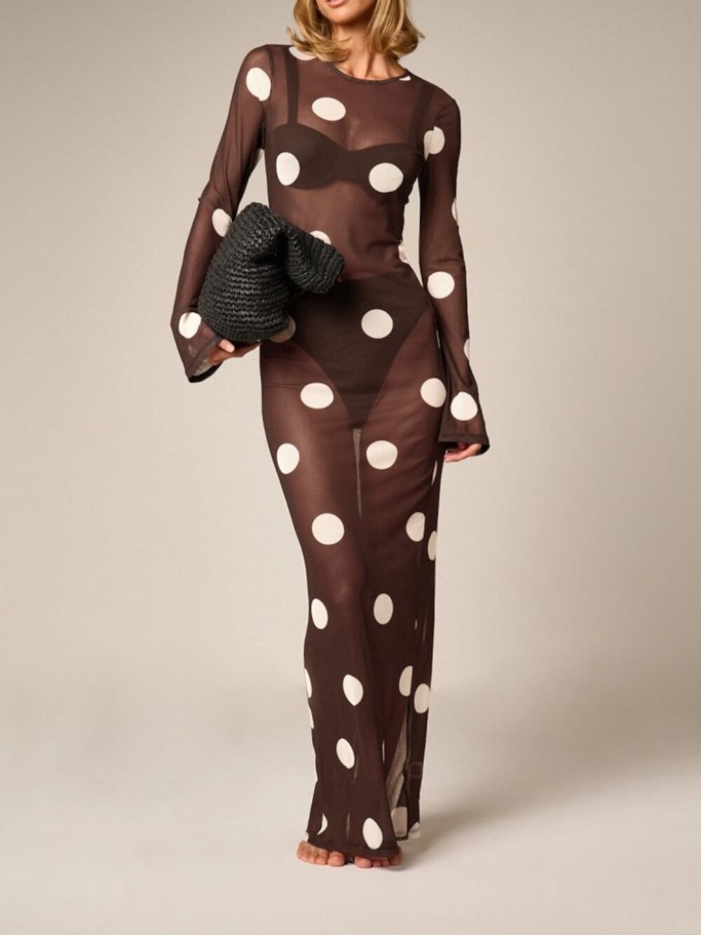 Brown Polka Dot Sheer Mesh Maxi Dress Slim Fit